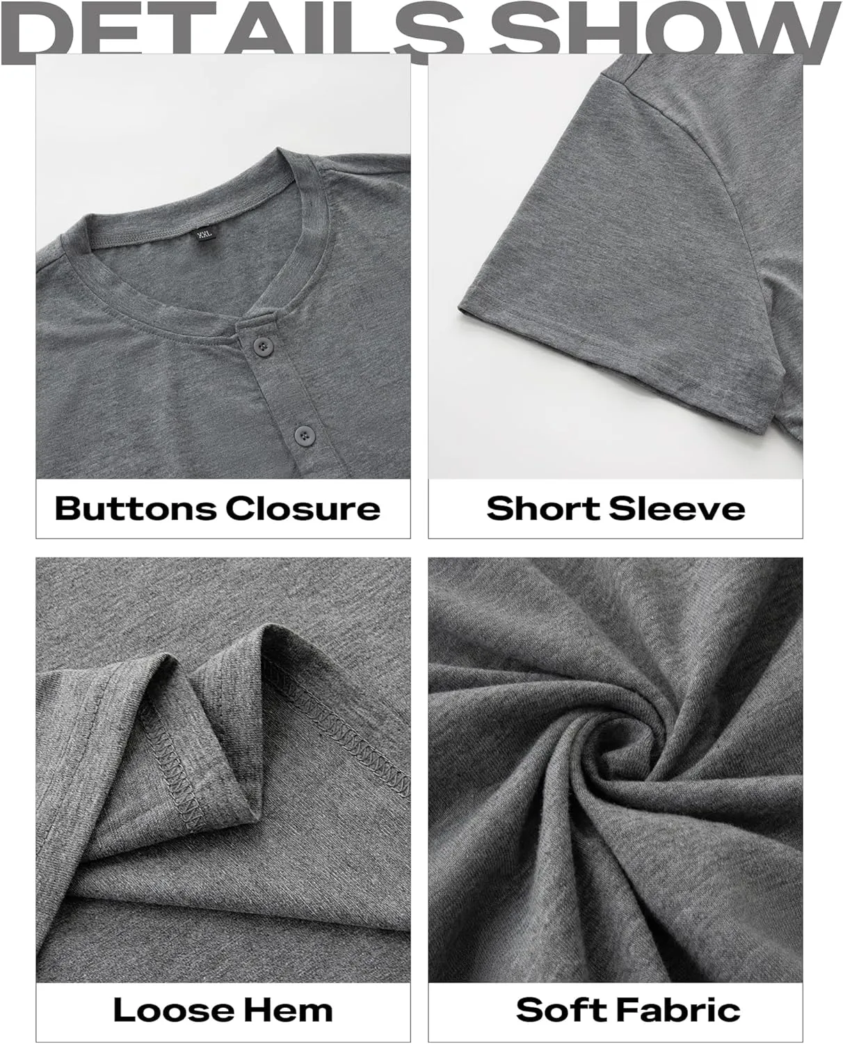Men's Henley Short Sleeve Shirts Casual T-Shirts Button Top Summer Soild Basic Tee