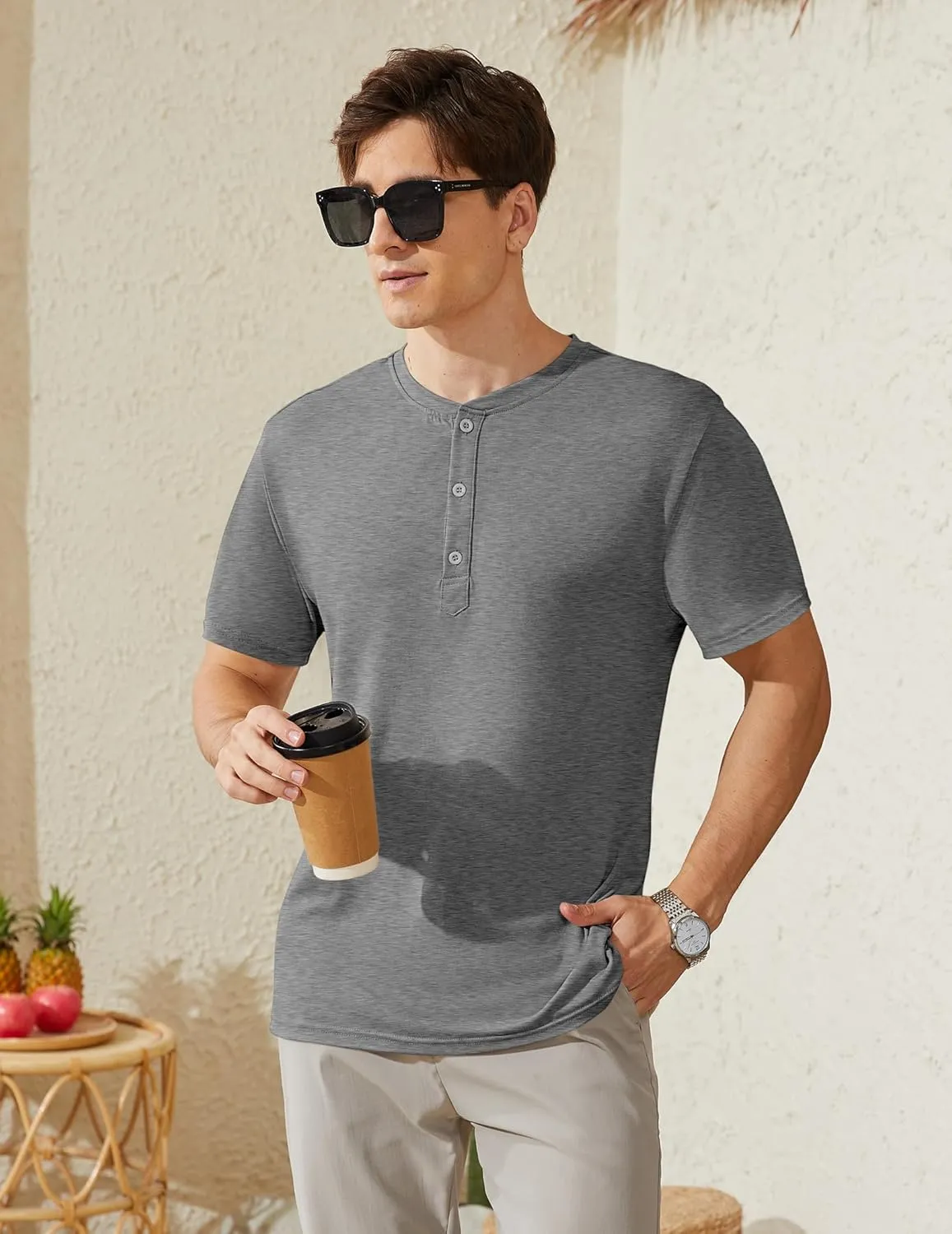 Men's Henley Short Sleeve Shirts Casual T-Shirts Button Top Summer Soild Basic Tee