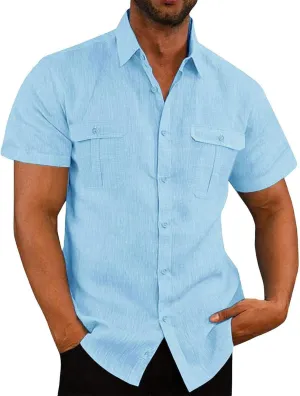 Mens Linen Cotton Shirts Button Down Short Sleeve Summer Clothes Trendy Outfits Casual Beach Dress Shirt Business