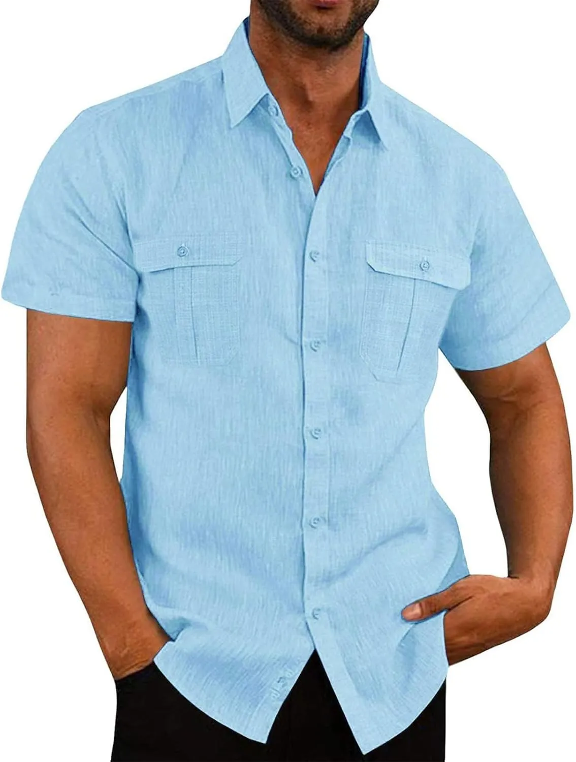 Mens Linen Cotton Shirts Button Down Short Sleeve Summer Clothes Trendy Outfits Casual Beach Dress Shirt Business