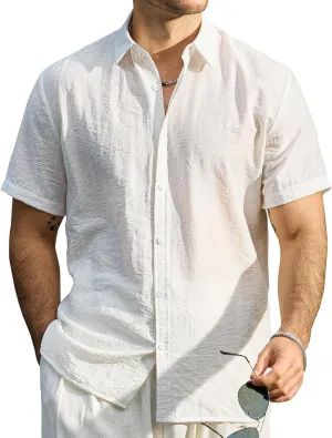 Mens Linen Shirts Casual Short Sleeve Button Down Shirts Tropical Beach Summer Hawaiian Shirt