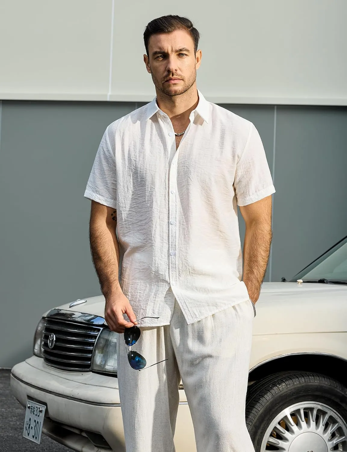 Mens Linen Shirts Casual Short Sleeve Button Down Shirts Tropical Beach Summer Hawaiian Shirt