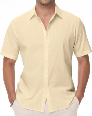Mens Linen Shirts Short Sleeve Button Down Regular Fit Shirts Casual Vacation Beach Summer Hawaiian Tops