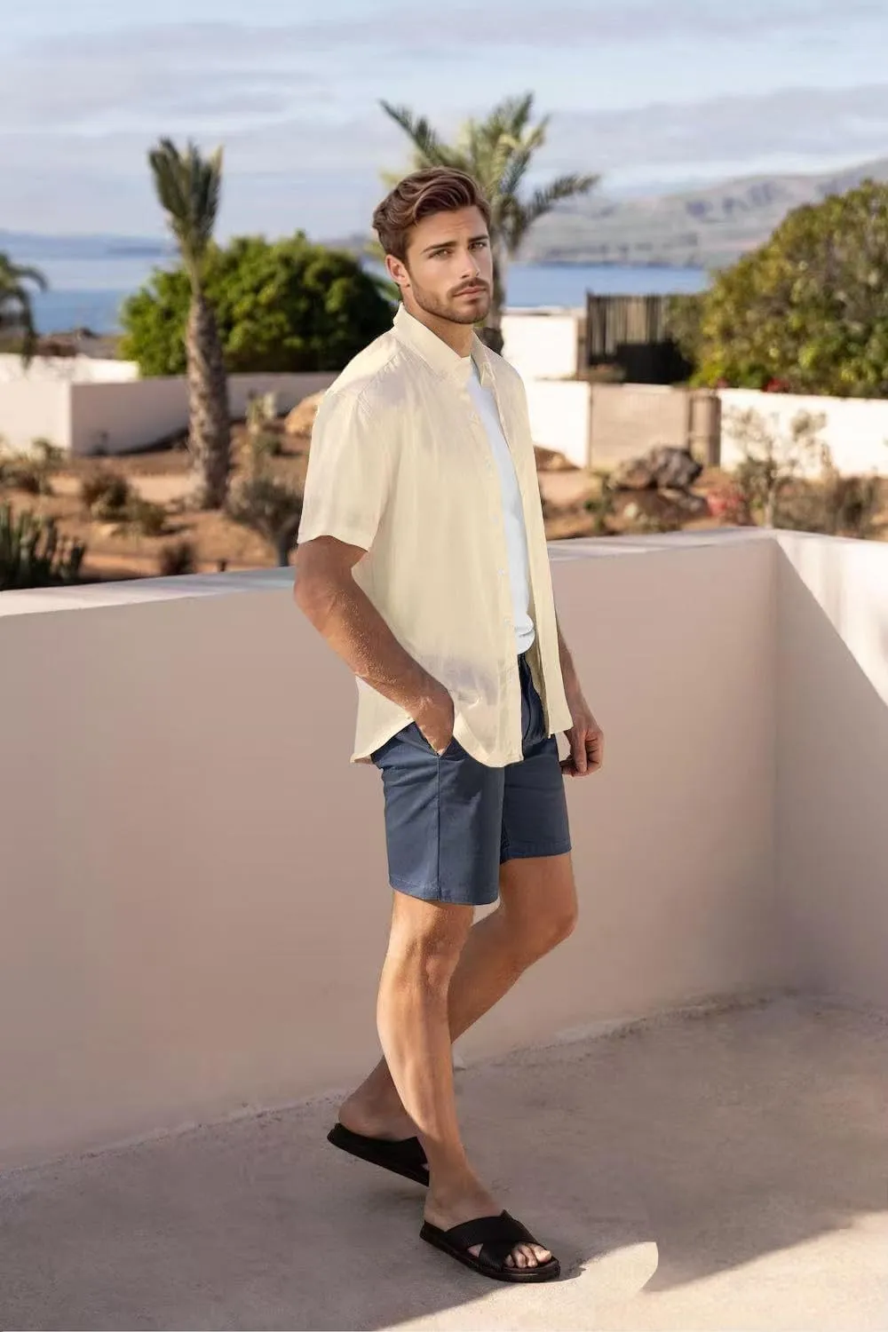 Mens Linen Shirts Short Sleeve Button Down Regular Fit Shirts Casual Vacation Beach Summer Hawaiian Tops