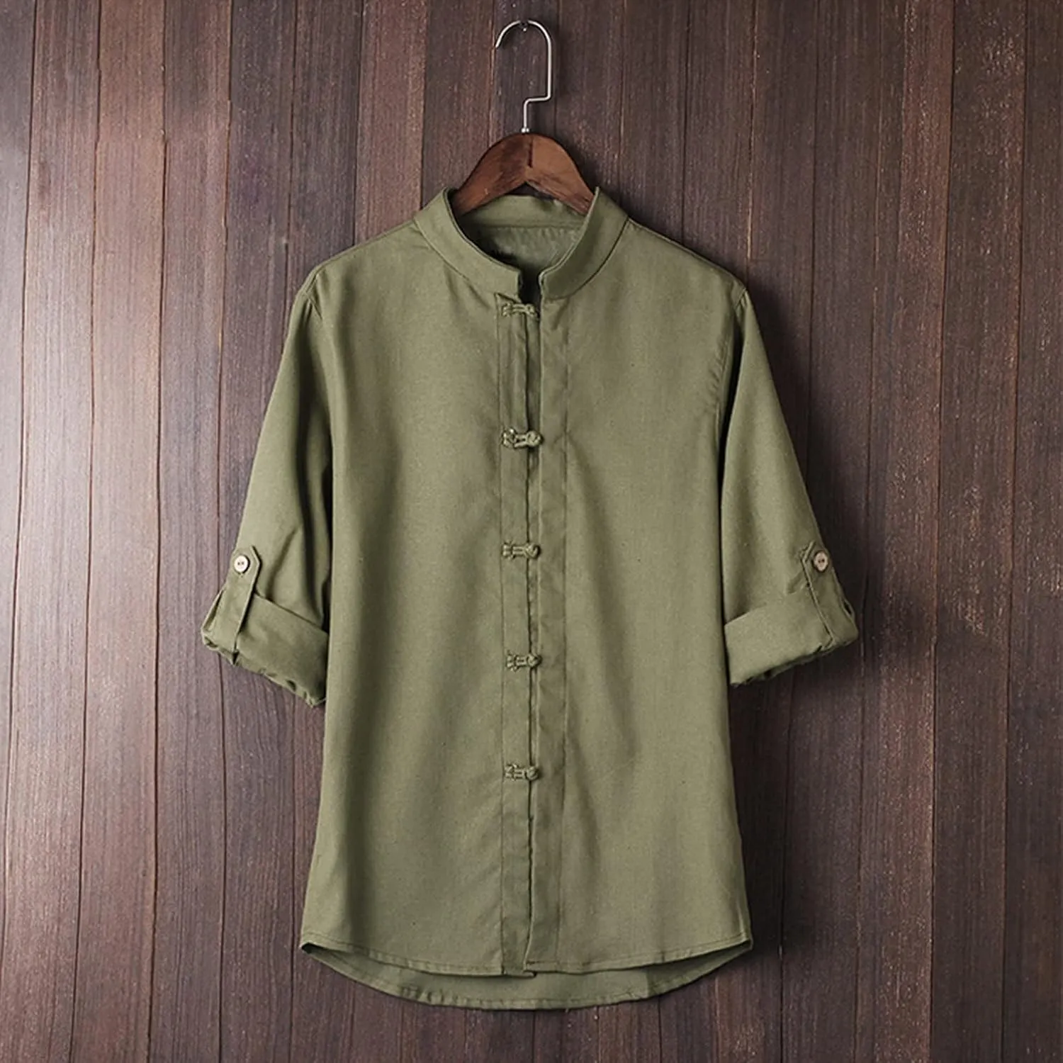 Mens Long Sleeve Cotton Linen Henley Shirts Martial Arts Kung Fu Chinese Traditional Tai Chi Tang Suit Button Tops