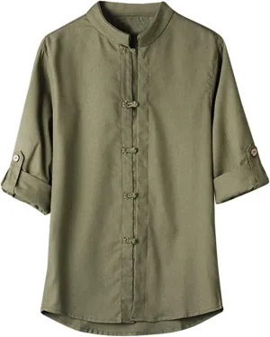 Mens Long Sleeve Cotton Linen Henley Shirts Martial Arts Kung Fu Chinese Traditional Tai Chi Tang Suit Button Tops