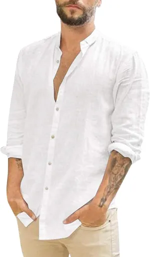 Men's Long Sleeve Linen Button Down Shirt Beach Casual Dress Shirts Summer Lightweight Cotton Linen Shirt Tops