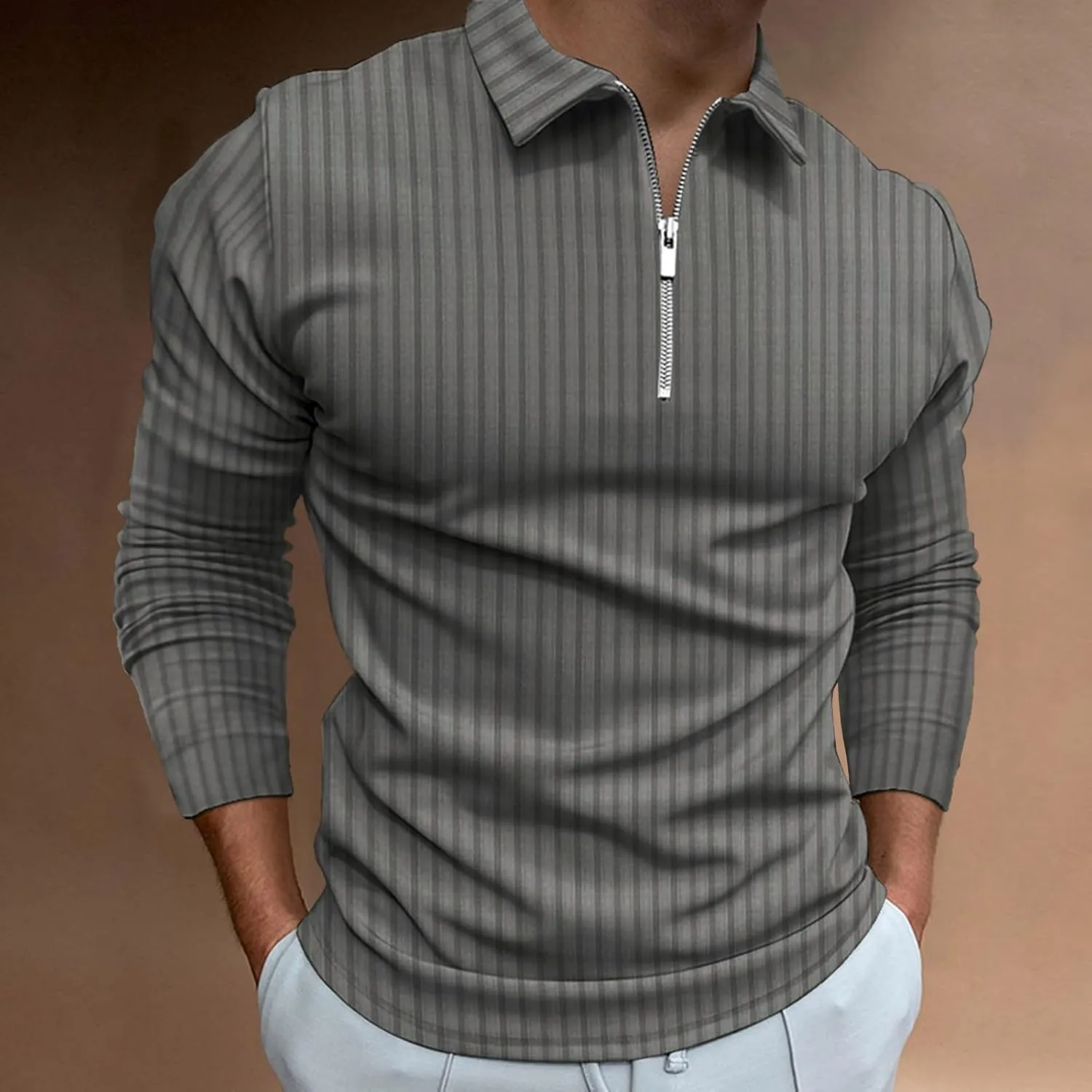 Men's Muscle T Shirt Stretch Long Sleeve Workout Shirts Slim Fit Casual Plain Tees Stylish Quarter Zip Polo Shirt