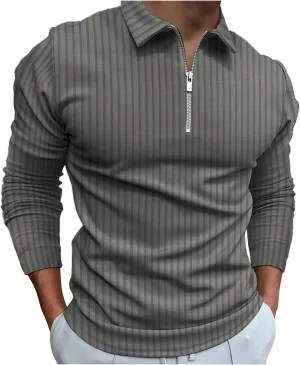 Men's Muscle T Shirt Stretch Long Sleeve Workout Shirts Slim Fit Casual Plain Tees Stylish Quarter Zip Polo Shirt