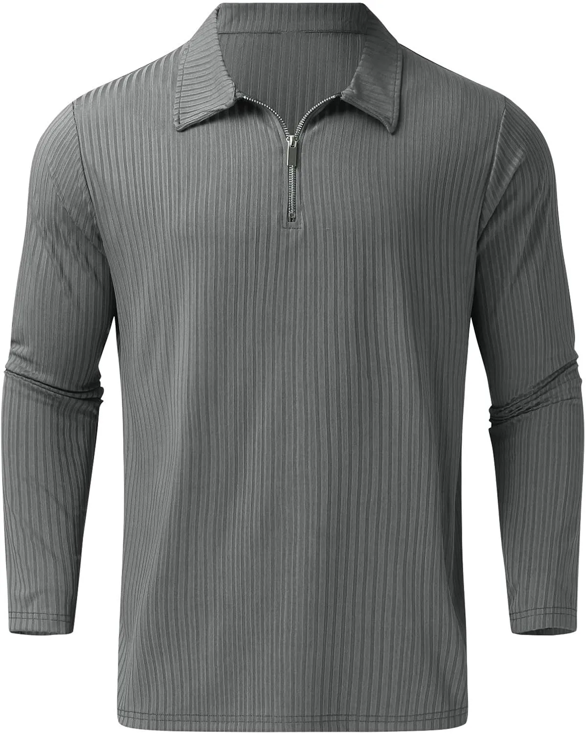 Men's Muscle T Shirt Stretch Long Sleeve Workout Shirts Slim Fit Casual Plain Tees Stylish Quarter Zip Polo Shirt