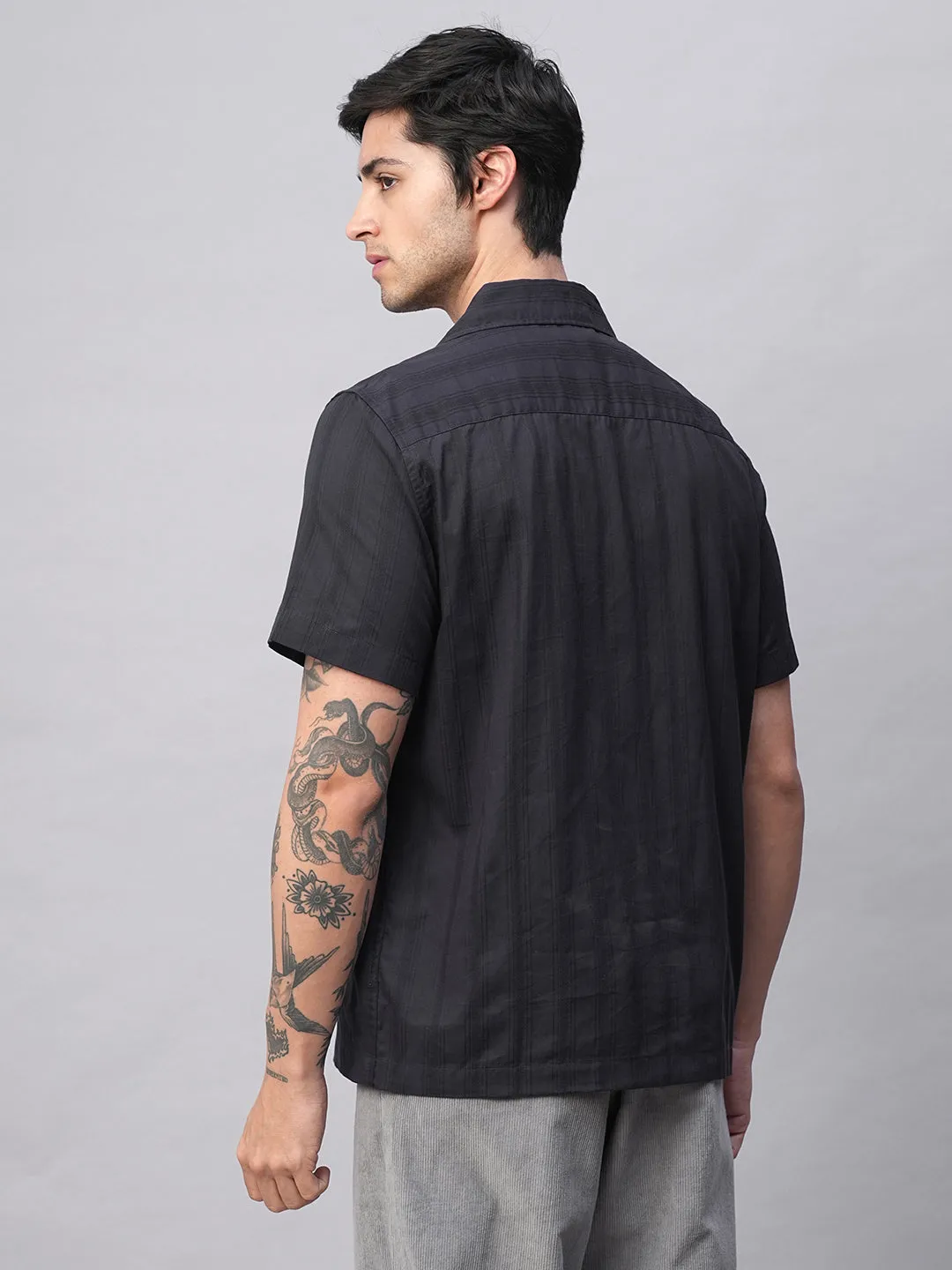 Men's Navy 100% Cotton Stripe Regular Fit Cuban Collar Shirt