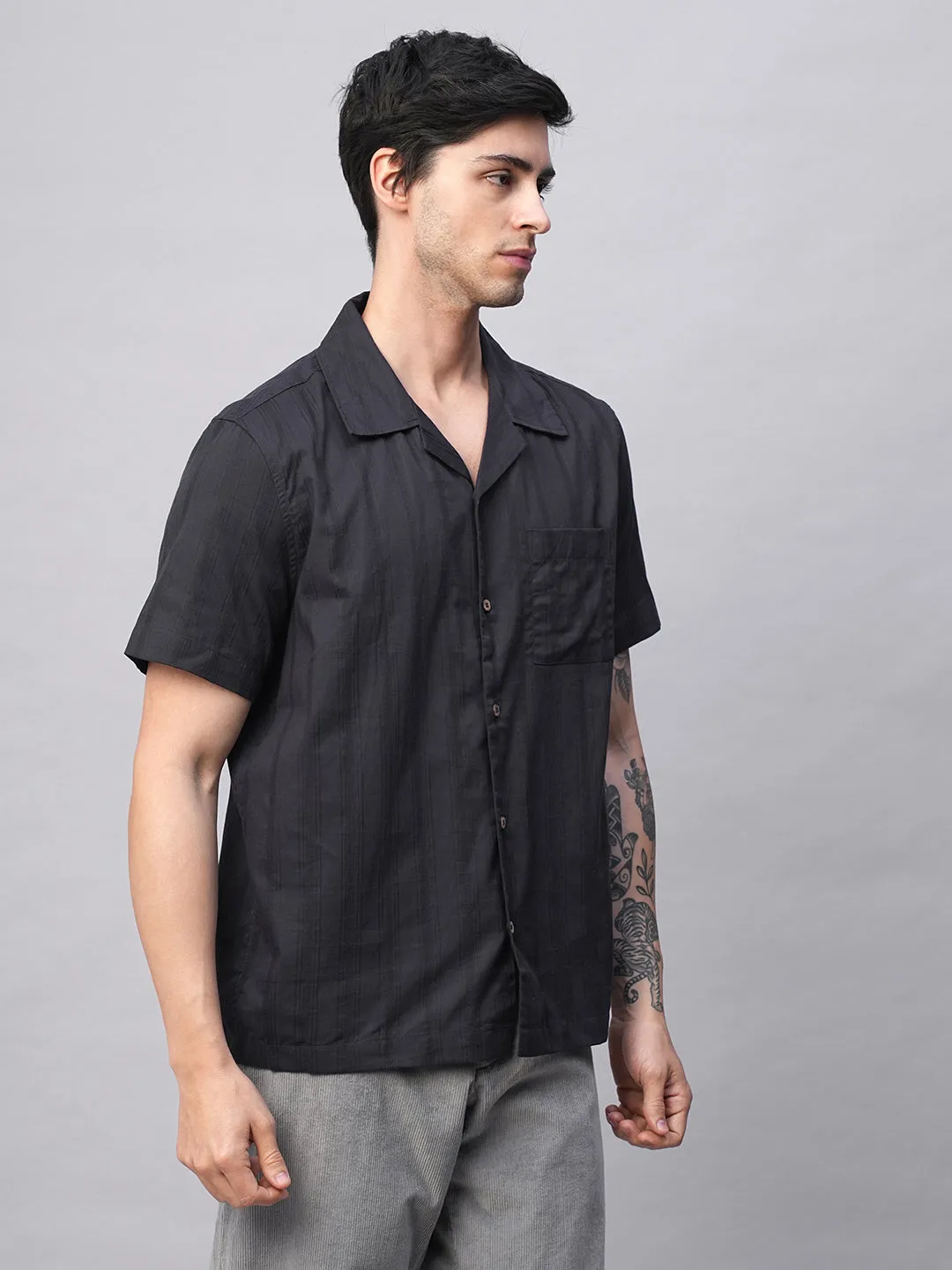 Men's Navy 100% Cotton Stripe Regular Fit Cuban Collar Shirt