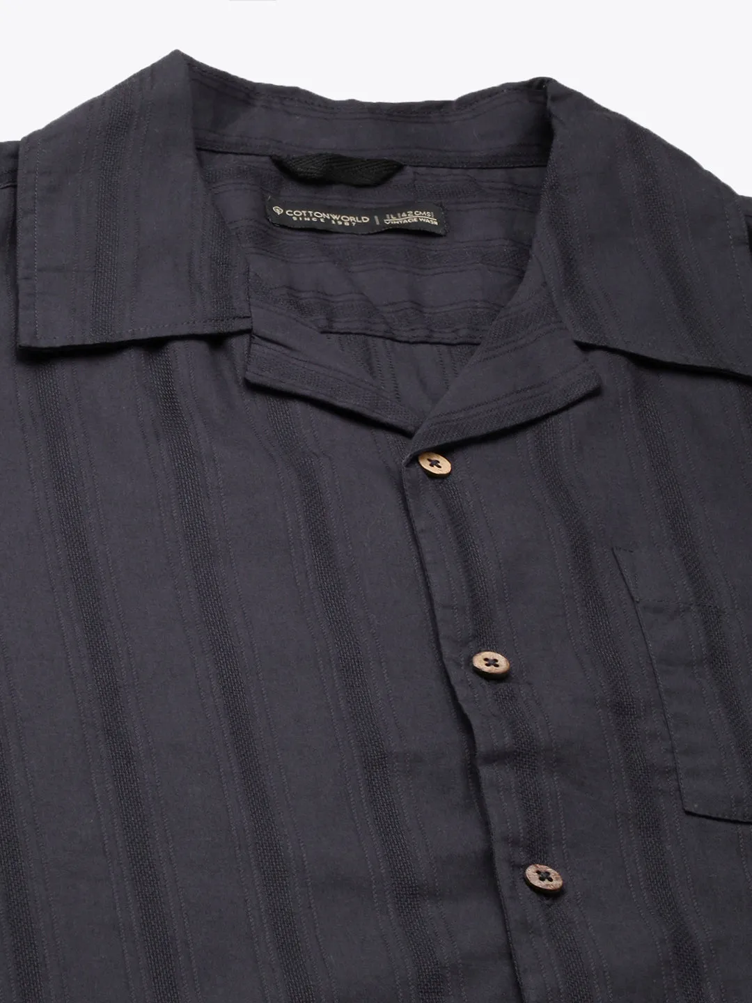 Men's Navy 100% Cotton Stripe Regular Fit Cuban Collar Shirt