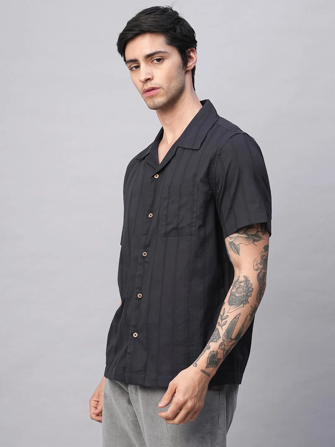 Men's Navy 100% Cotton Stripe Regular Fit Cuban Collar Shirt