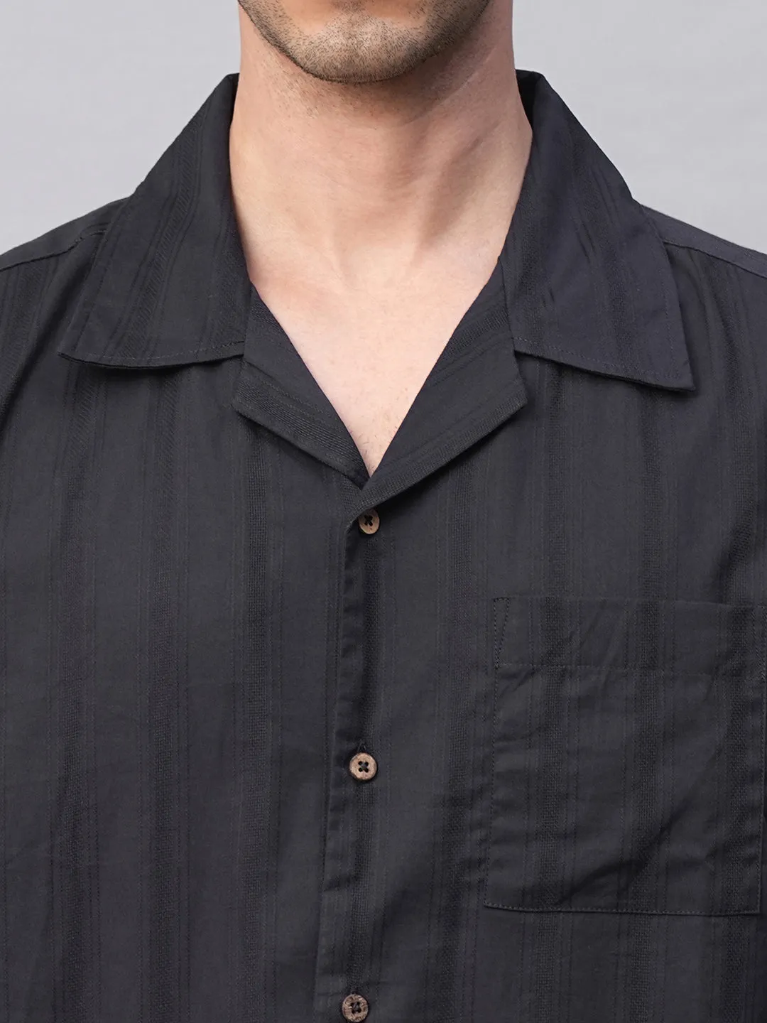Men's Navy 100% Cotton Stripe Regular Fit Cuban Collar Shirt