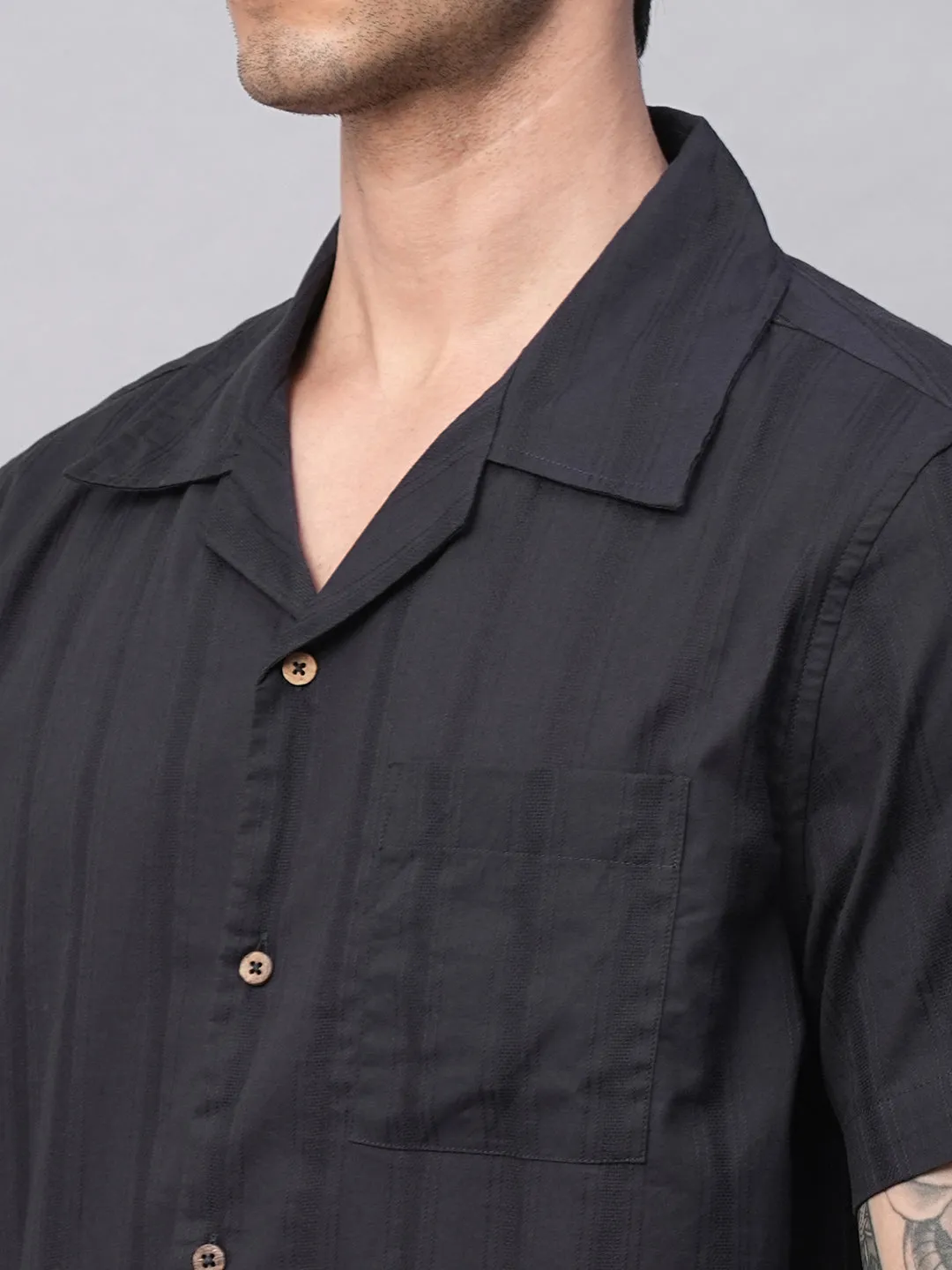 Men's Navy 100% Cotton Stripe Regular Fit Cuban Collar Shirt