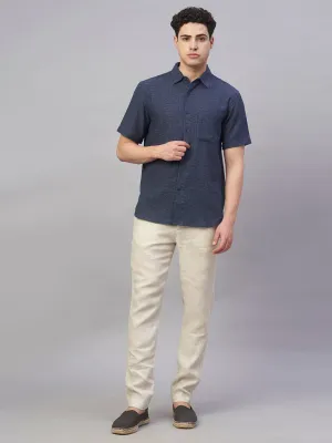Men's Navy Cotton Flax Regular Fit Shirt