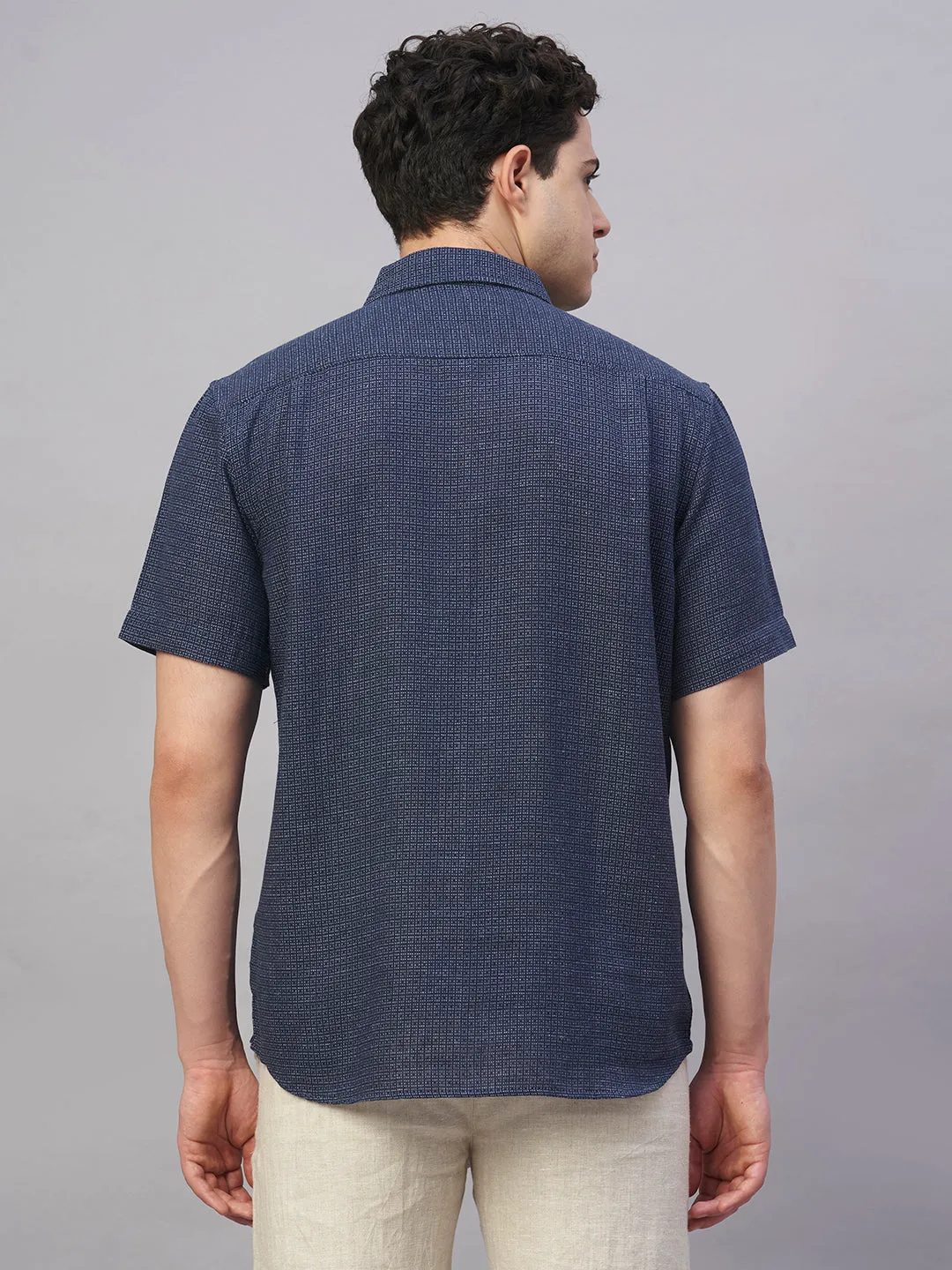 Men's Navy Cotton Flax Regular Fit Shirt