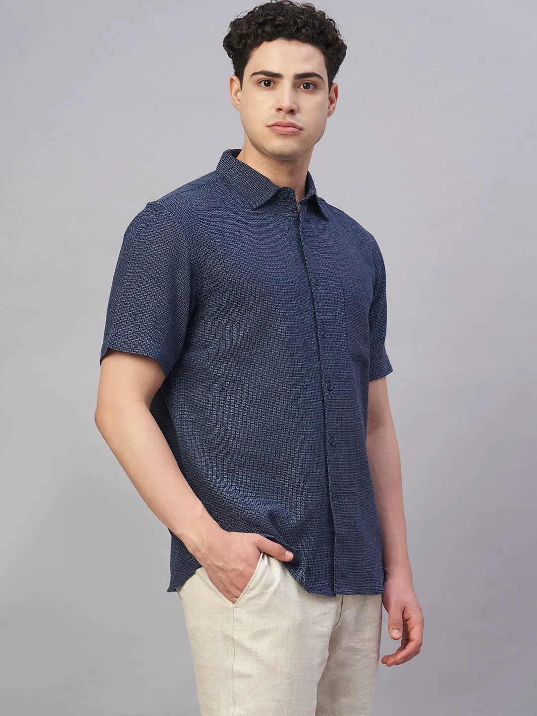 Men's Navy Cotton Flax Regular Fit Shirt