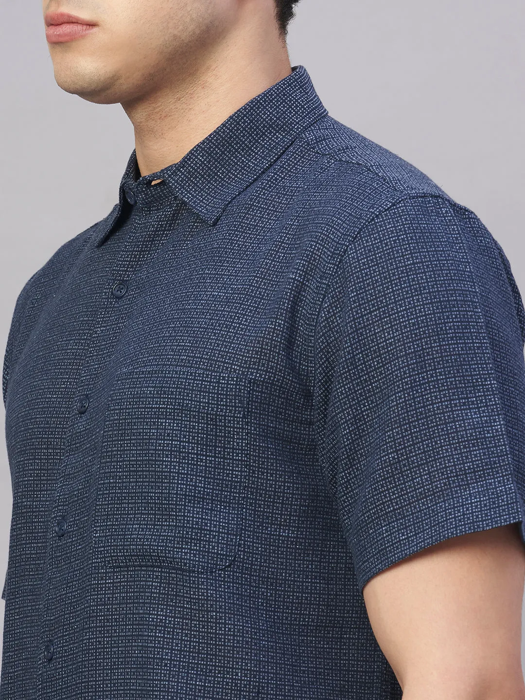Men's Navy Cotton Flax Regular Fit Shirt