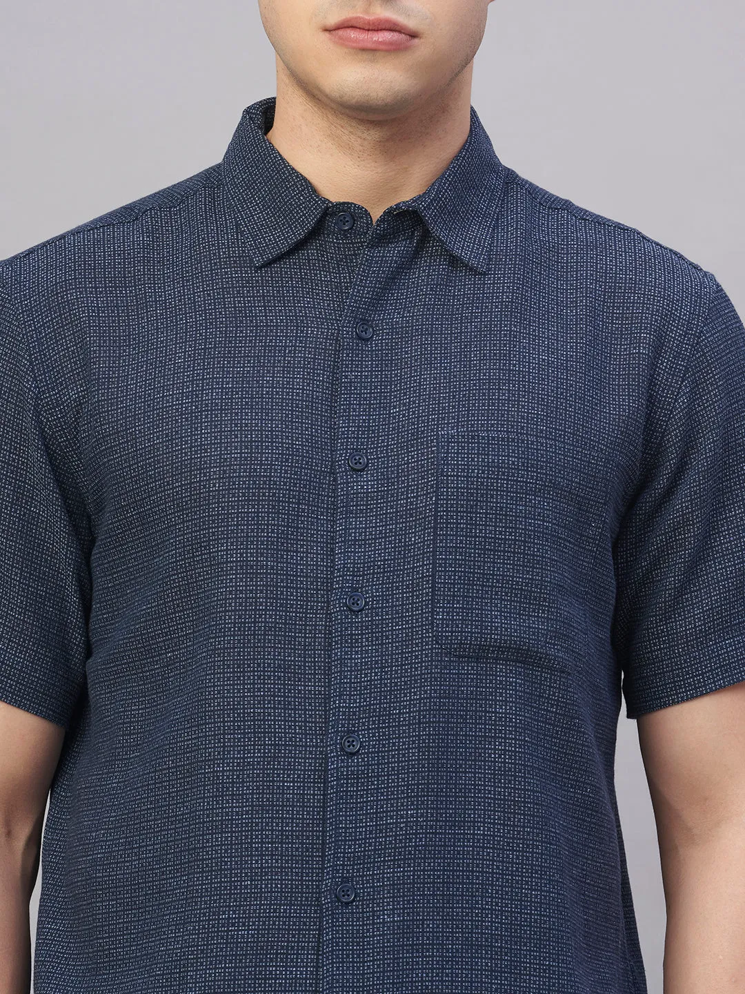 Men's Navy Cotton Flax Regular Fit Shirt