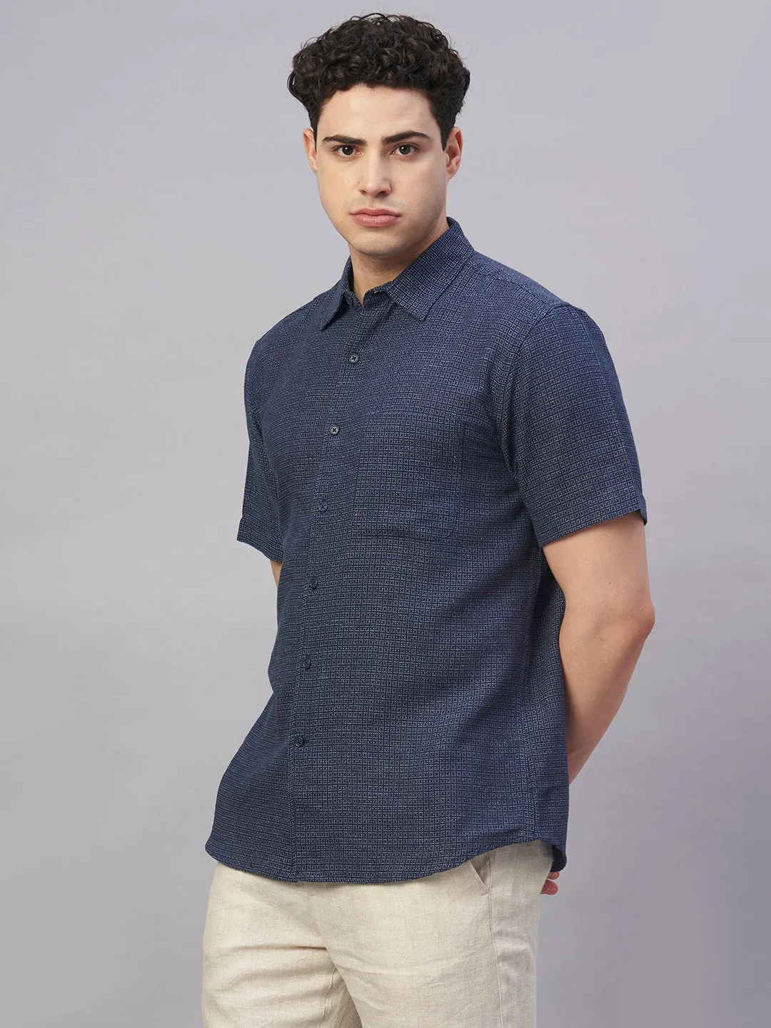 Men's Navy Cotton Flax Regular Fit Shirt
