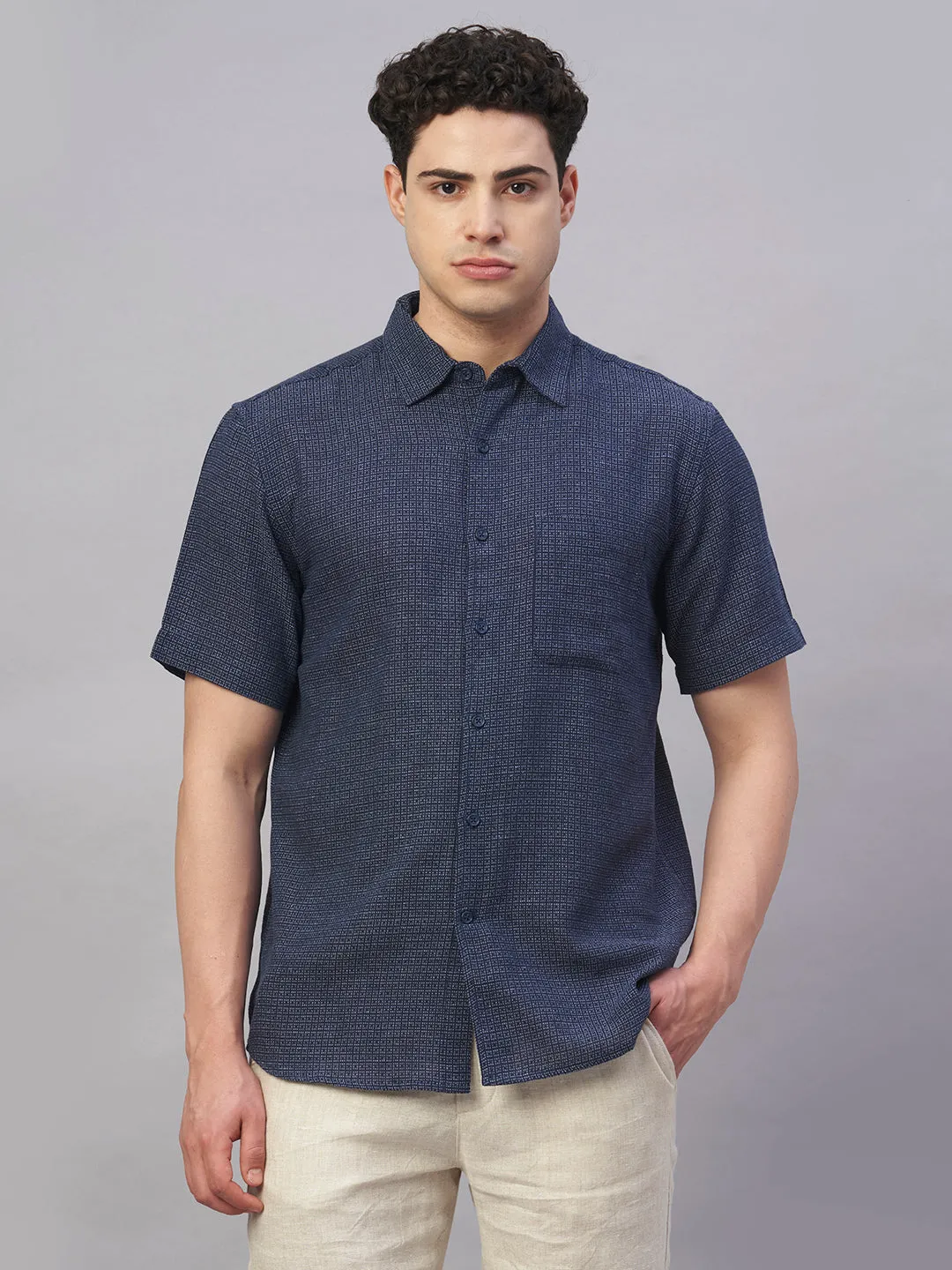 Men's Navy Cotton Flax Regular Fit Shirt