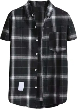 Mens Plaid Shirt Short Sleeve Button Down Lapel Collar Tops Casual Lightweight Summer Checkered Shirt with Pocket