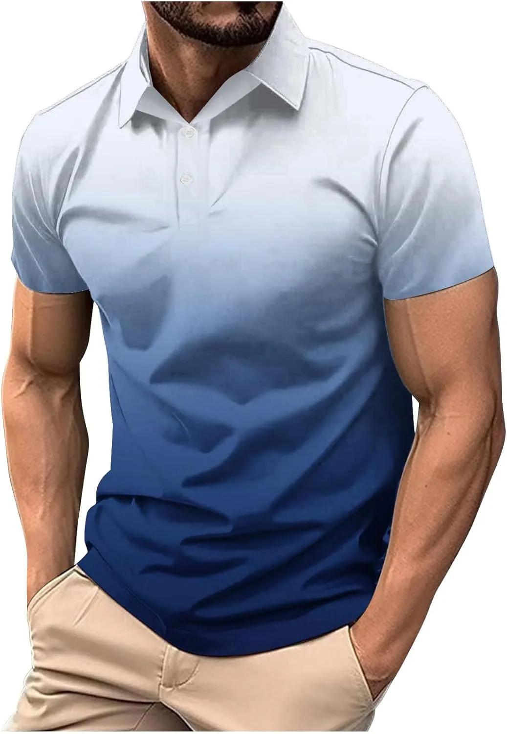 Men's Polo Shirts Fashion Gradient Color Short Sleeve Pullover Casual Lightweight Golf T Shirt Lapel Blouse