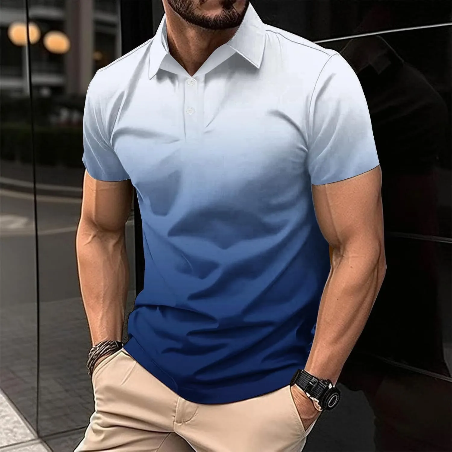 Men's Polo Shirts Fashion Gradient Color Short Sleeve Pullover Casual Lightweight Golf T Shirt Lapel Blouse