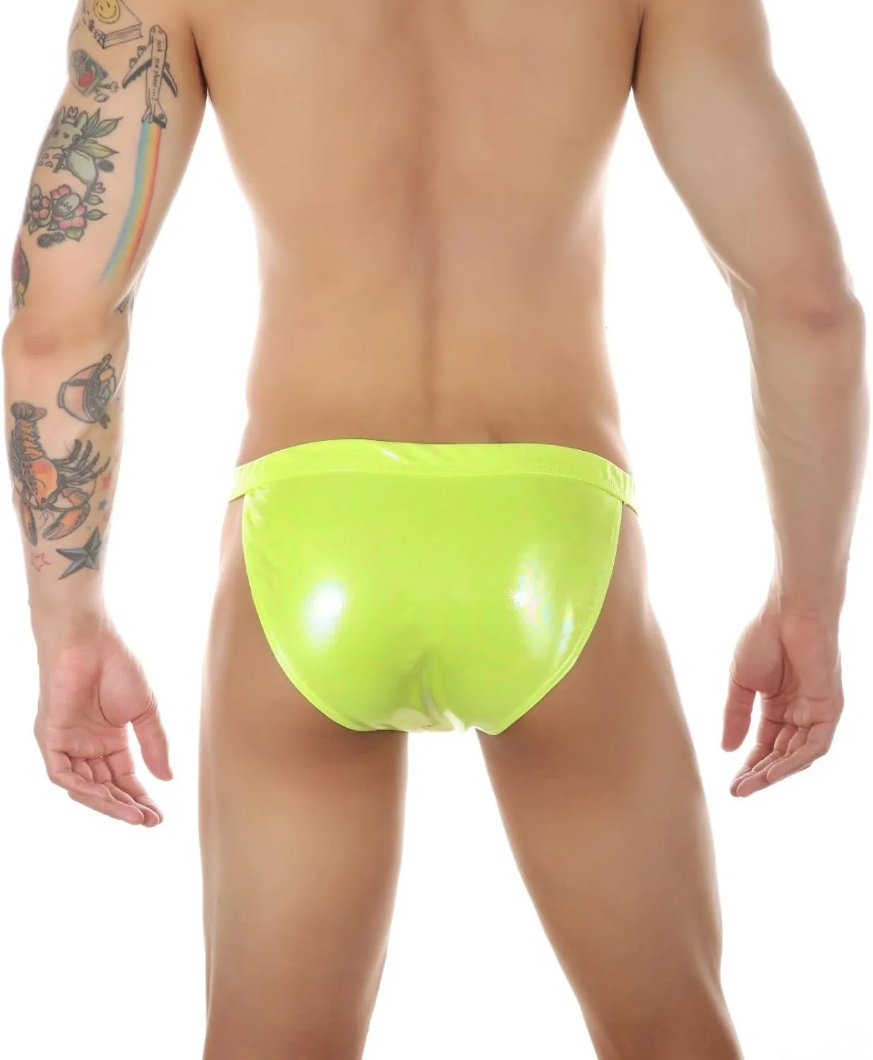 Men's Reflective Metallic Laserlike Leather Surf Swim Shorts Side Buckle Briefs Mens Underwear No Sweat