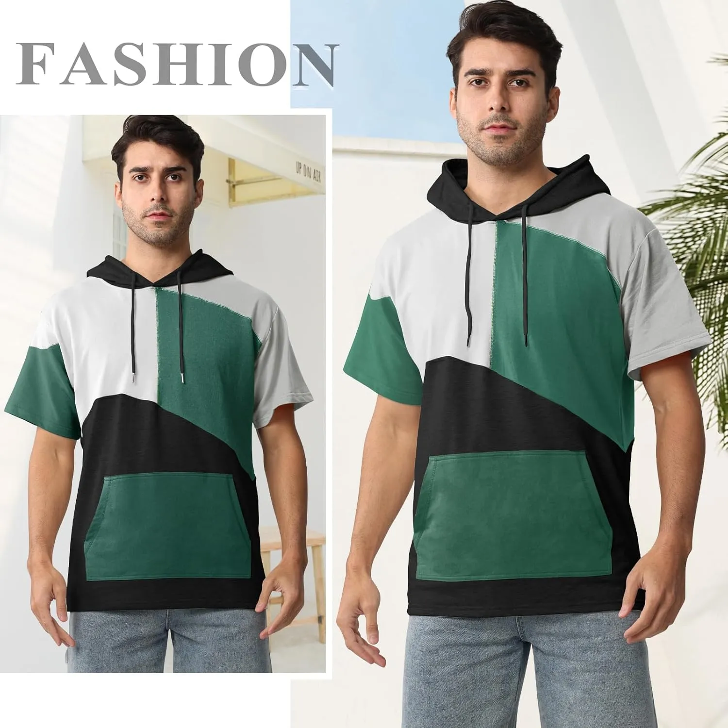Mens Short Sleeve Hoodie Womens Cotton T-Shirt Hoodie Color Block Moisture Wicking Hip Hop Sports Casual