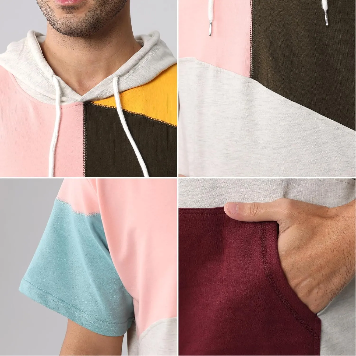 Mens Short Sleeve Hoodie Womens Cotton T-Shirt Hoodie Color Block Moisture Wicking Hip Hop Sports Casual