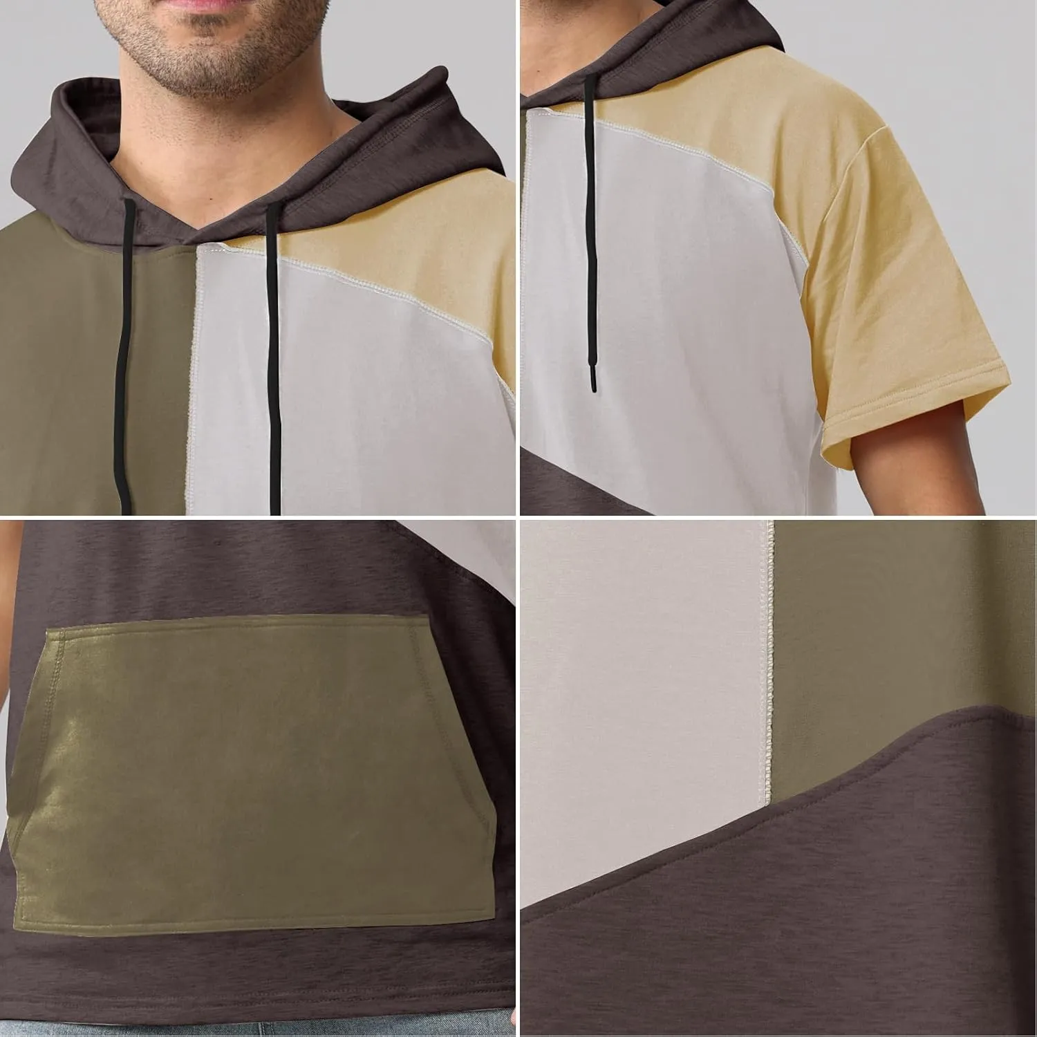 Mens Short Sleeve Hoodie Womens Cotton T-Shirt Hoodie Color Block Moisture Wicking Hip Hop Sports Casual