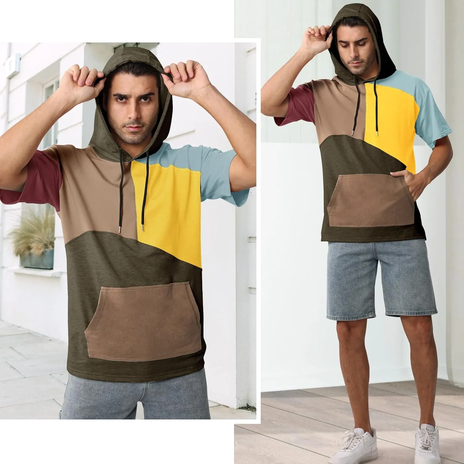 Mens Short Sleeve Hoodie Womens Cotton T-Shirt Hoodie Color Block Moisture Wicking Hip Hop Sports Casual