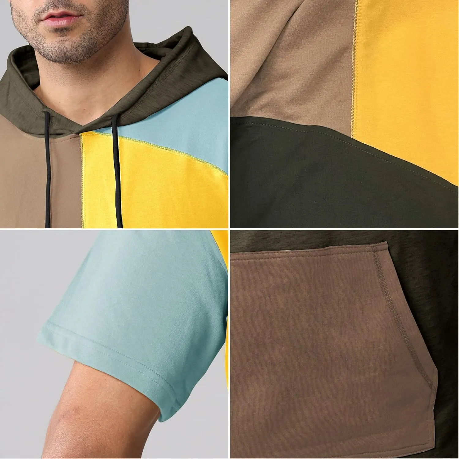 Mens Short Sleeve Hoodie Womens Cotton T-Shirt Hoodie Color Block Moisture Wicking Hip Hop Sports Casual