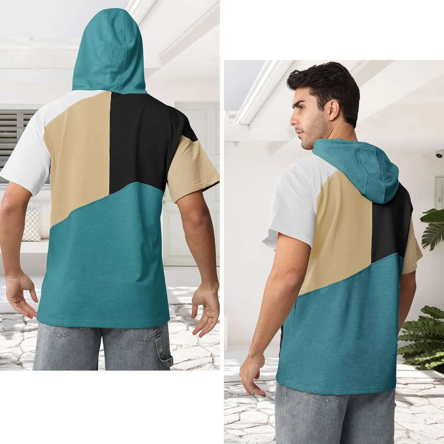 Mens Short Sleeve Hoodie Womens Cotton T-Shirt Hoodie Color Block Moisture Wicking Hip Hop Sports Casual