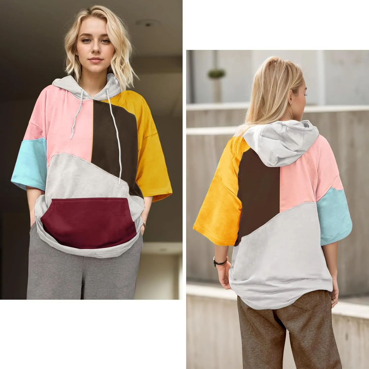 Mens Short Sleeve Hoodie Womens Cotton T-Shirt Hoodie Color Block Moisture Wicking Hip Hop Sports Casual