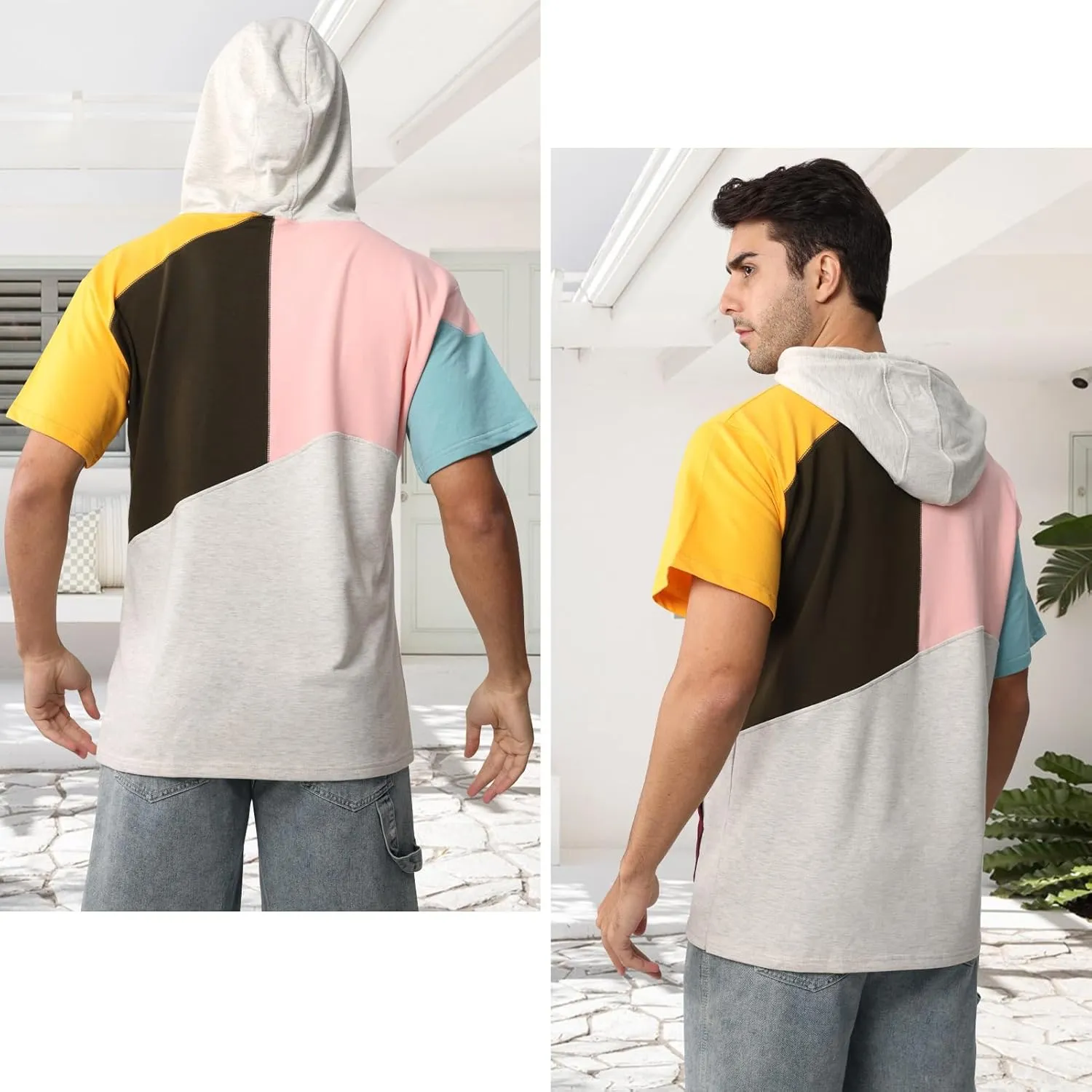 Mens Short Sleeve Hoodie Womens Cotton T-Shirt Hoodie Color Block Moisture Wicking Hip Hop Sports Casual