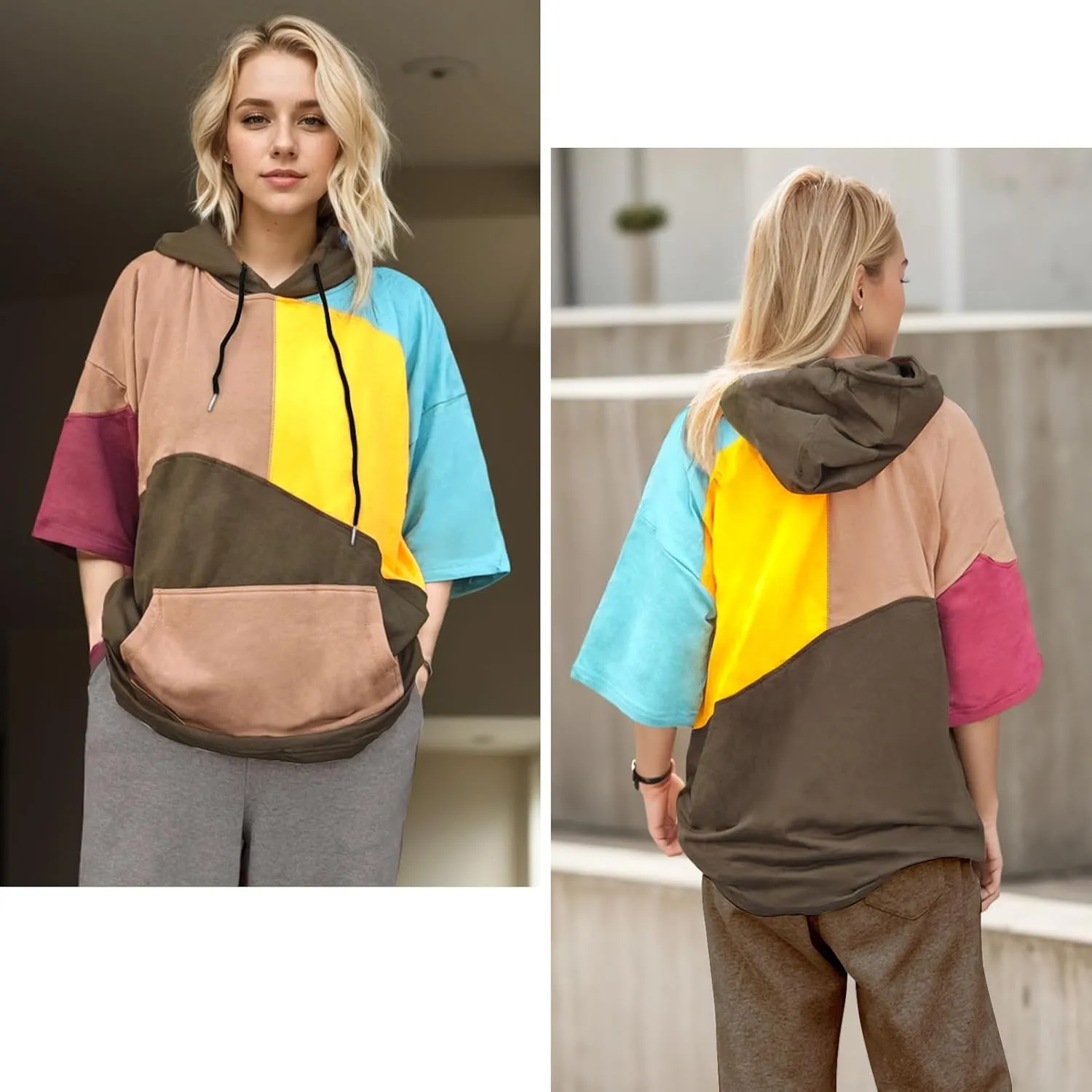 Mens Short Sleeve Hoodie Womens Cotton T-Shirt Hoodie Color Block Moisture Wicking Hip Hop Sports Casual