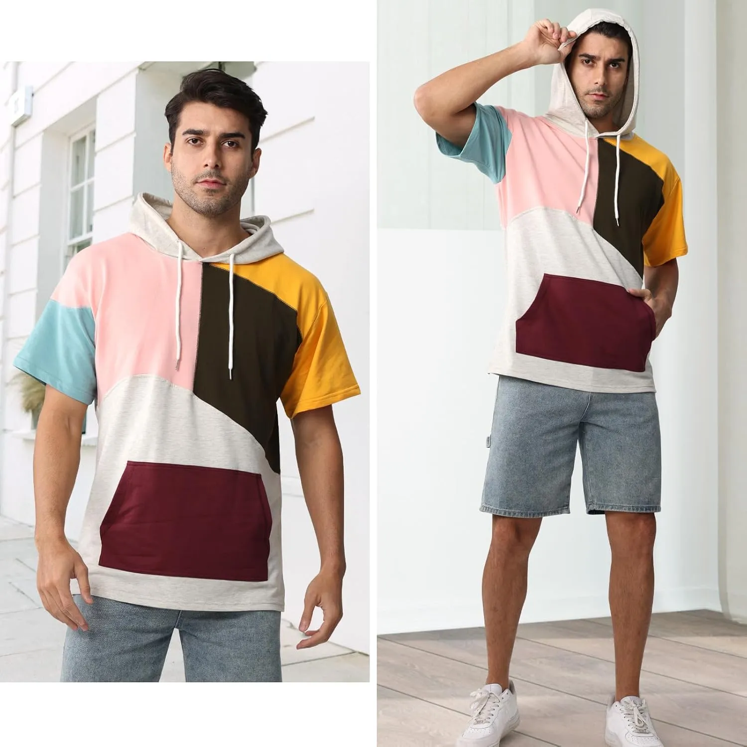 Mens Short Sleeve Hoodie Womens Cotton T-Shirt Hoodie Color Block Moisture Wicking Hip Hop Sports Casual