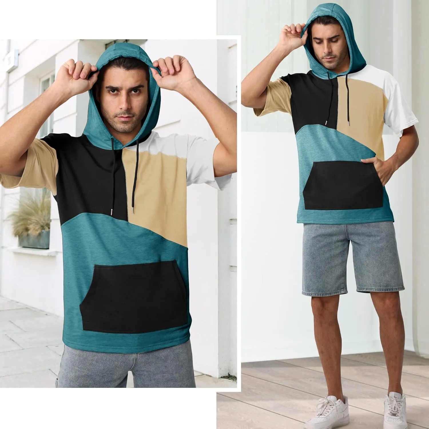 Mens Short Sleeve Hoodie Womens Cotton T-Shirt Hoodie Color Block Moisture Wicking Hip Hop Sports Casual