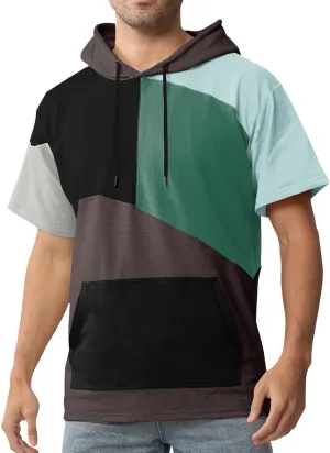 Mens Short Sleeve Hoodie Womens Cotton T-Shirt Hoodie Color Block Moisture Wicking Hip Hop Sports Casual