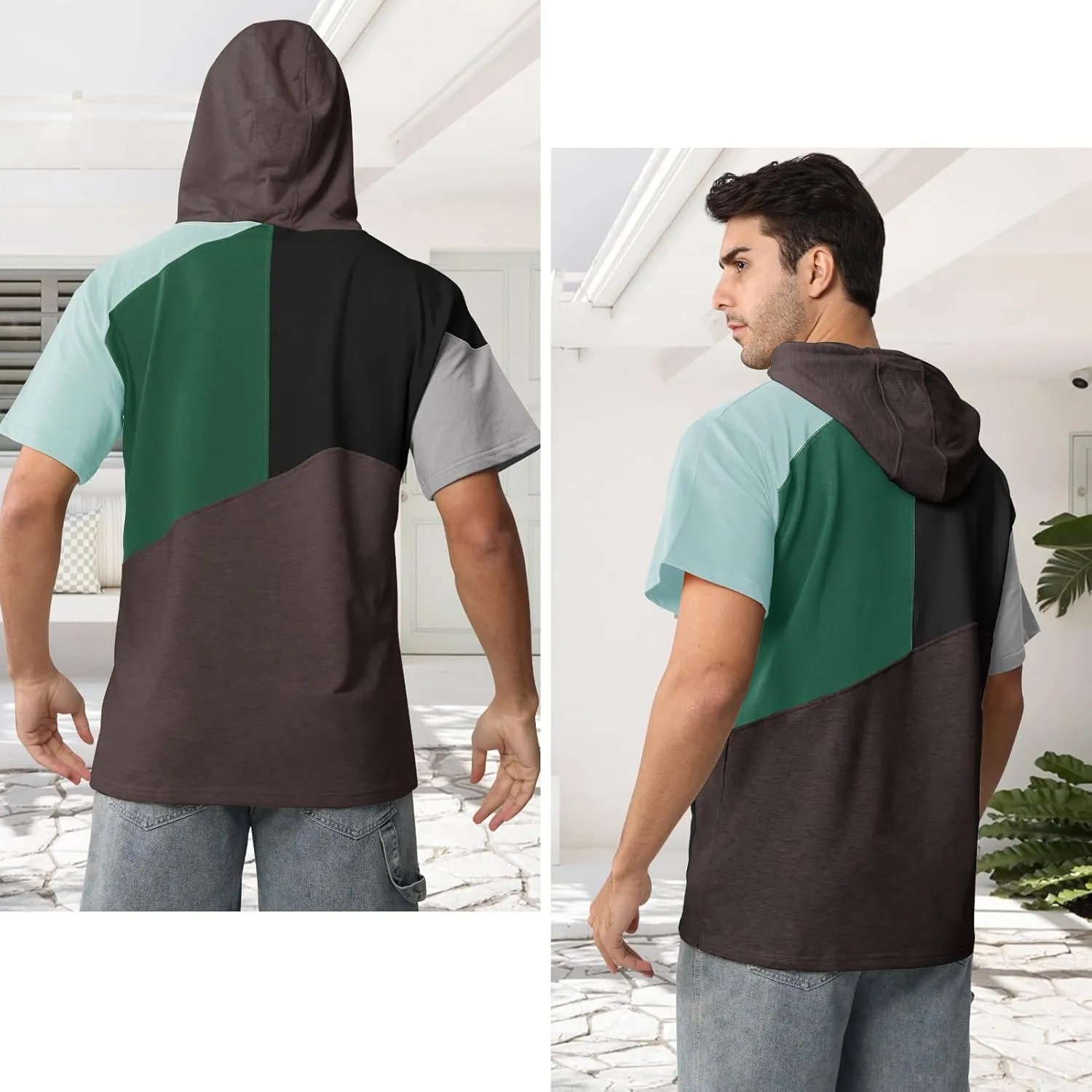 Mens Short Sleeve Hoodie Womens Cotton T-Shirt Hoodie Color Block Moisture Wicking Hip Hop Sports Casual