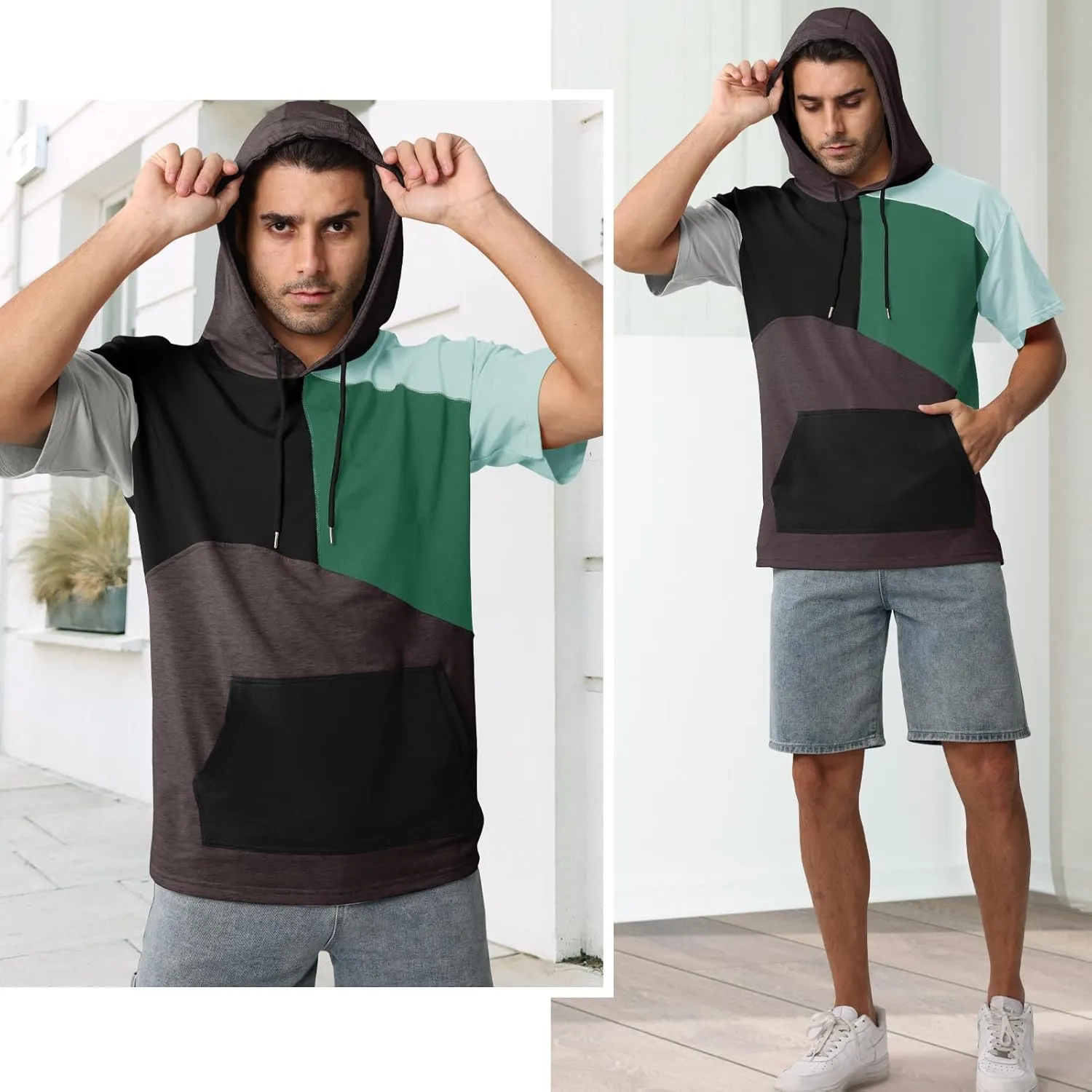 Mens Short Sleeve Hoodie Womens Cotton T-Shirt Hoodie Color Block Moisture Wicking Hip Hop Sports Casual