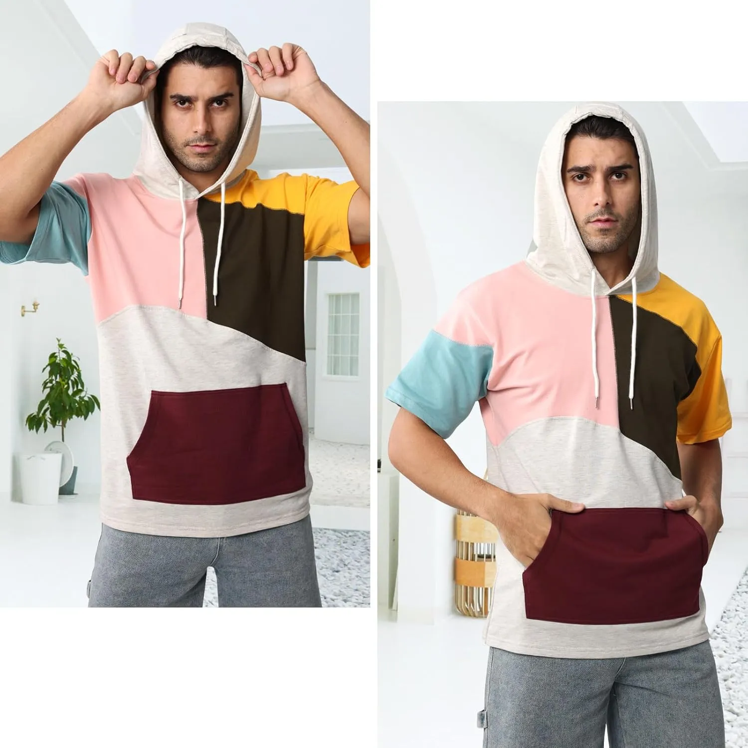 Mens Short Sleeve Hoodie Womens Cotton T-Shirt Hoodie Color Block Moisture Wicking Hip Hop Sports Casual