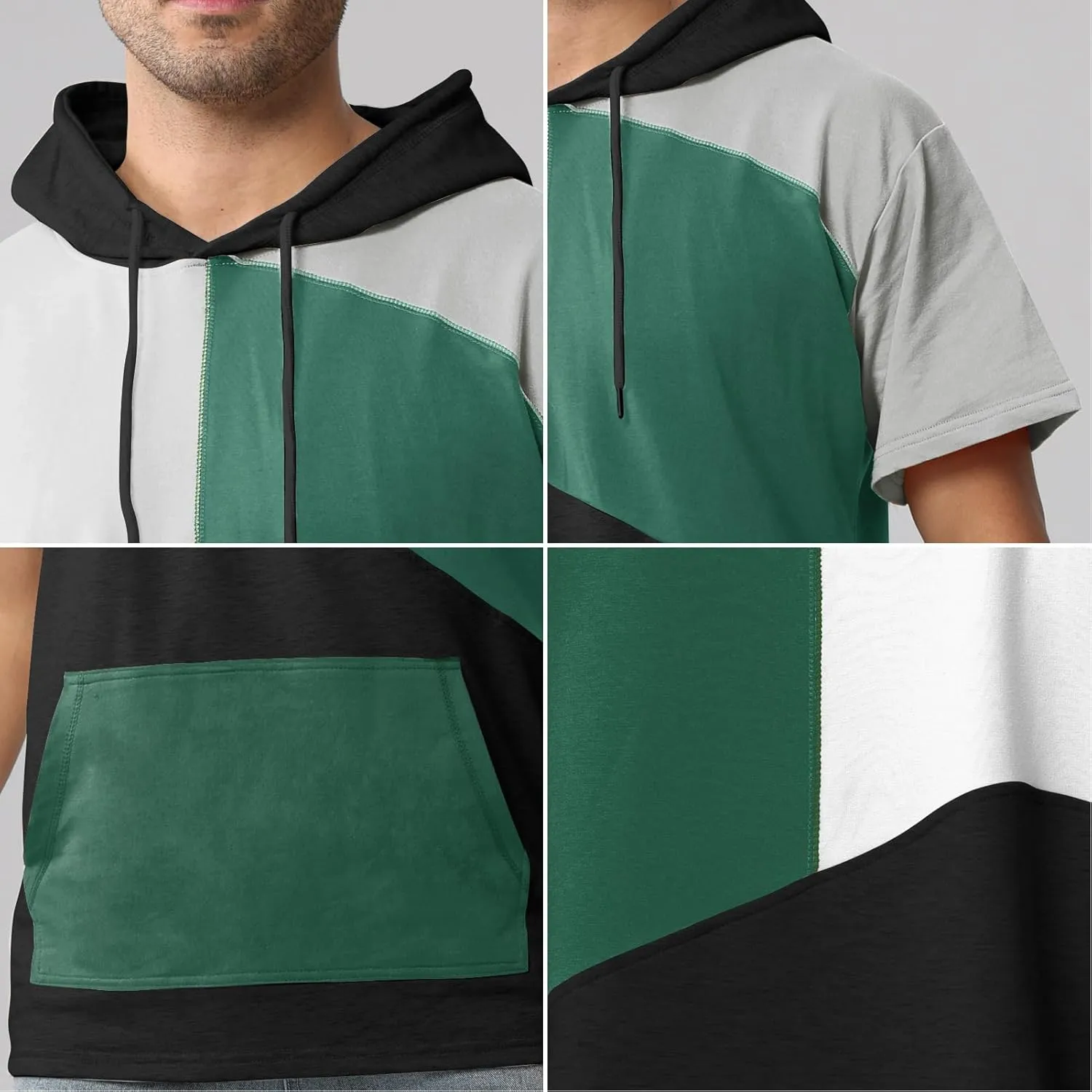 Mens Short Sleeve Hoodie Womens Cotton T-Shirt Hoodie Color Block Moisture Wicking Hip Hop Sports Casual