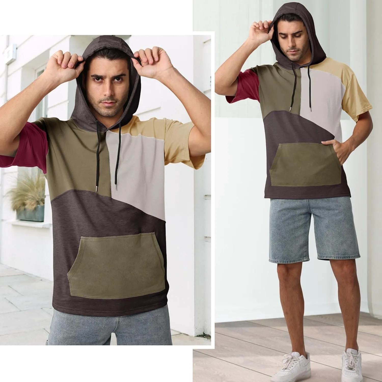 Mens Short Sleeve Hoodie Womens Cotton T-Shirt Hoodie Color Block Moisture Wicking Hip Hop Sports Casual