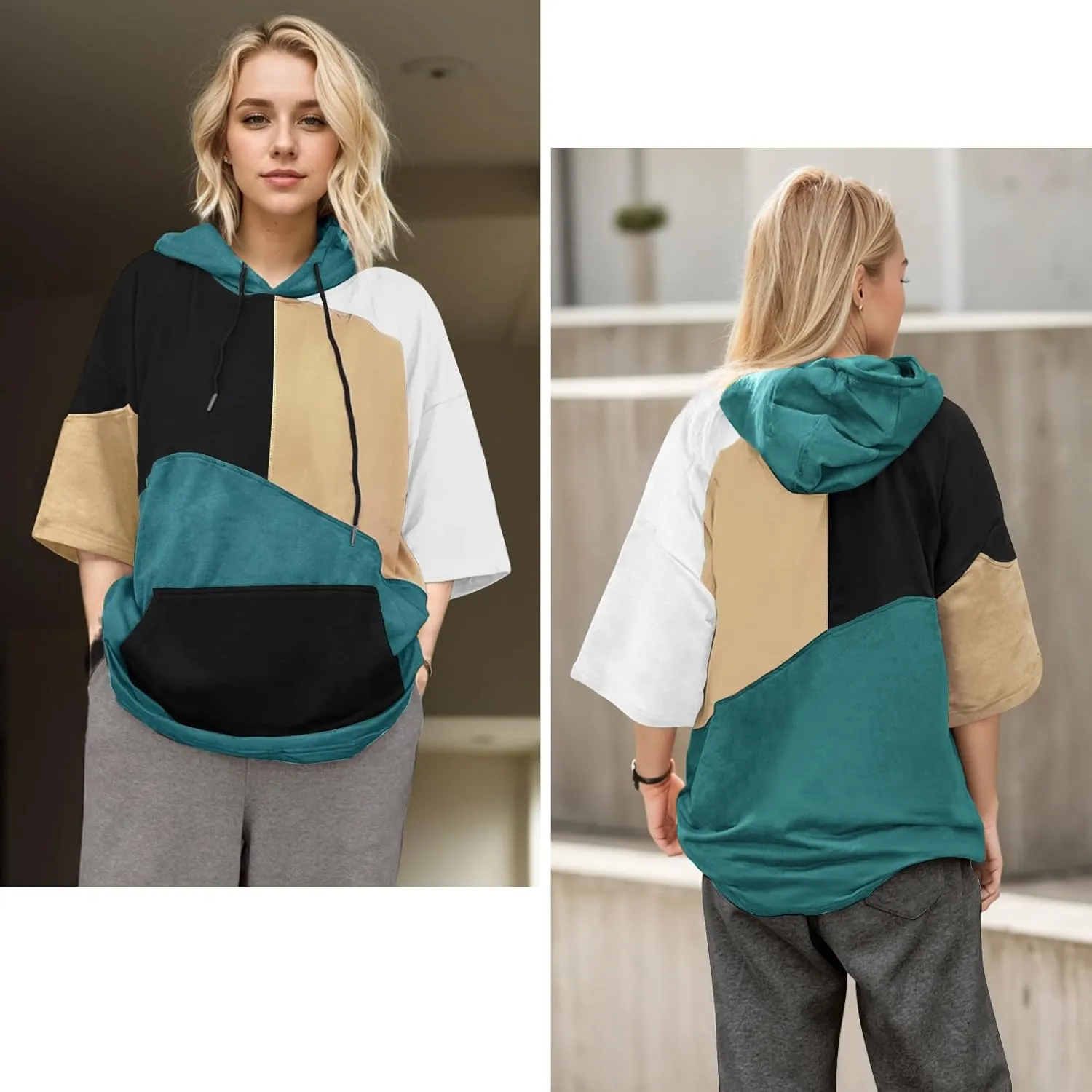 Mens Short Sleeve Hoodie Womens Cotton T-Shirt Hoodie Color Block Moisture Wicking Hip Hop Sports Casual