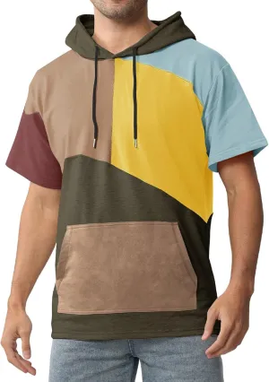 Mens Short Sleeve Hoodie Womens Cotton T-Shirt Hoodie Color Block Moisture Wicking Hip Hop Sports Casual